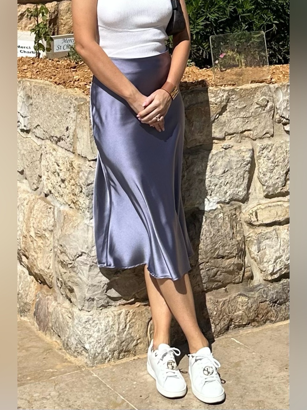 Originality Satin Slip Midi Skirt in Slate Lavender